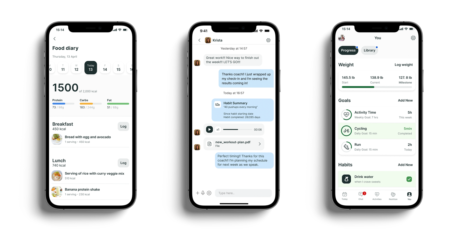 A mockup of the coaching app showcasing the different features.